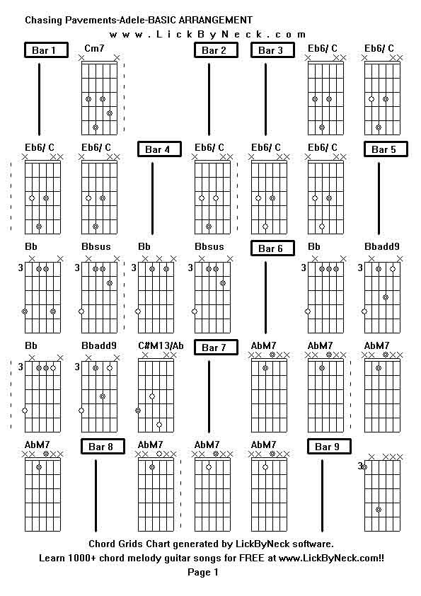 Chord Grids Chart of chord melody fingerstyle guitar song-Chasing Pavements-Adele-BASIC ARRANGEMENT,generated by LickByNeck software.